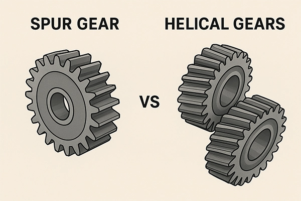 A side-by-side comparison of a spur gear and a helical gear