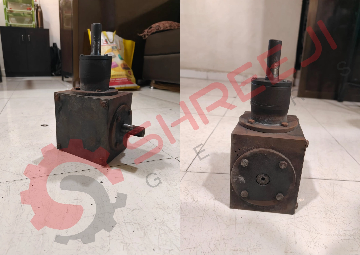 Bevel Gearbox Technical Drawing with Spiral Bevel Gear, Shaft Orientation, and Housing Dimensions