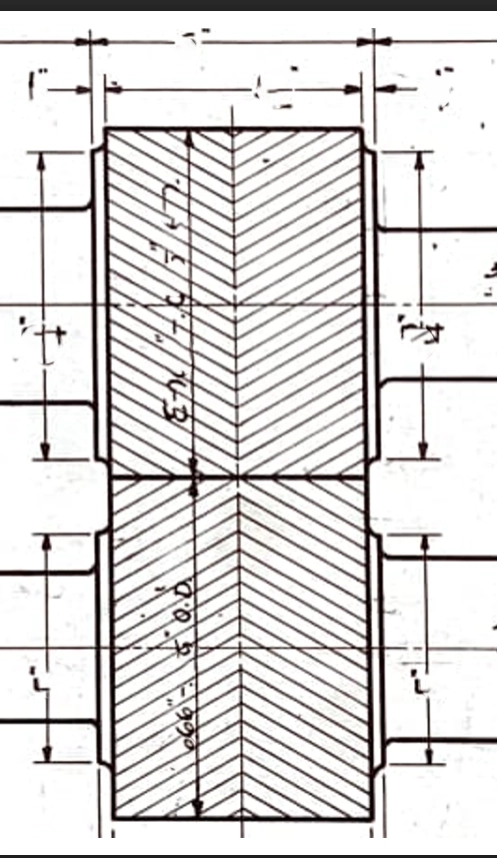 Double Helical Gear Technical Drawing with Opposite Helix Angles and Tooth Profile
