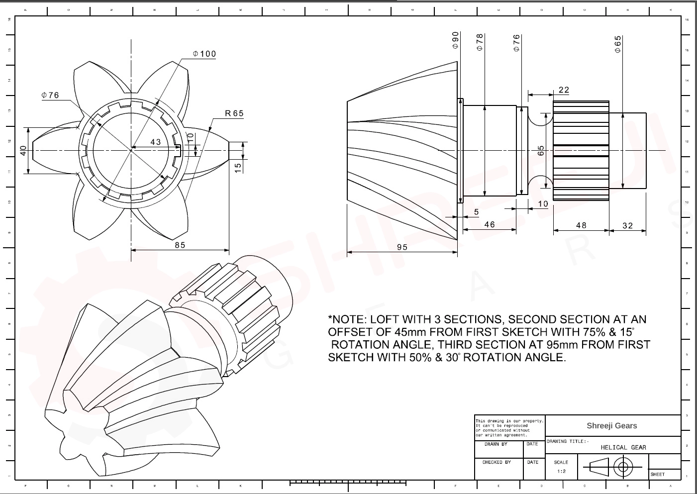 Helical Gear Technical Drawing with Helix Angle and Tooth Profile